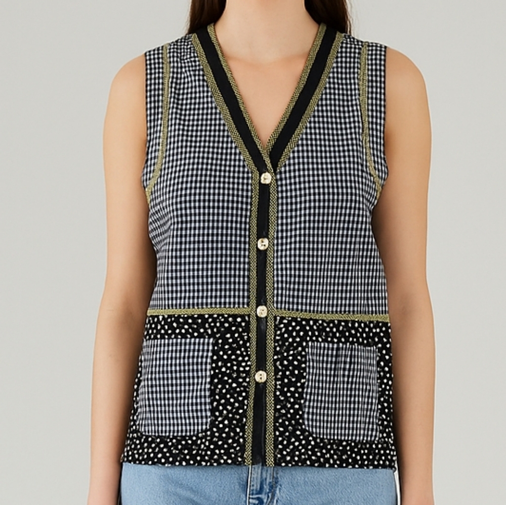 Napa Valley Boho Floral Polka Dot Striped Button Down V-Neck Vest 90's M Granny
